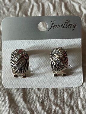 Silver Tone Knotted Earrings with Rhinestones